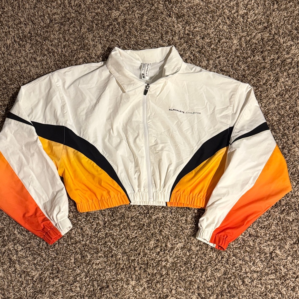 Alphalete White Cropped Bomber Jacket with Yellow and Orange Gradient